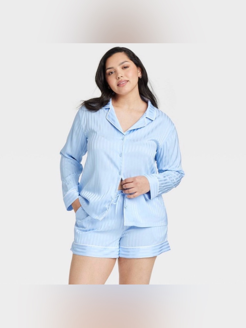 Shadow Striped Satin Notch Collar Top and Shorts Pajama Set - Auden™ Blue XL